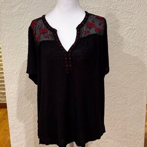 Lucky Brand Black Top with Red Embroidery